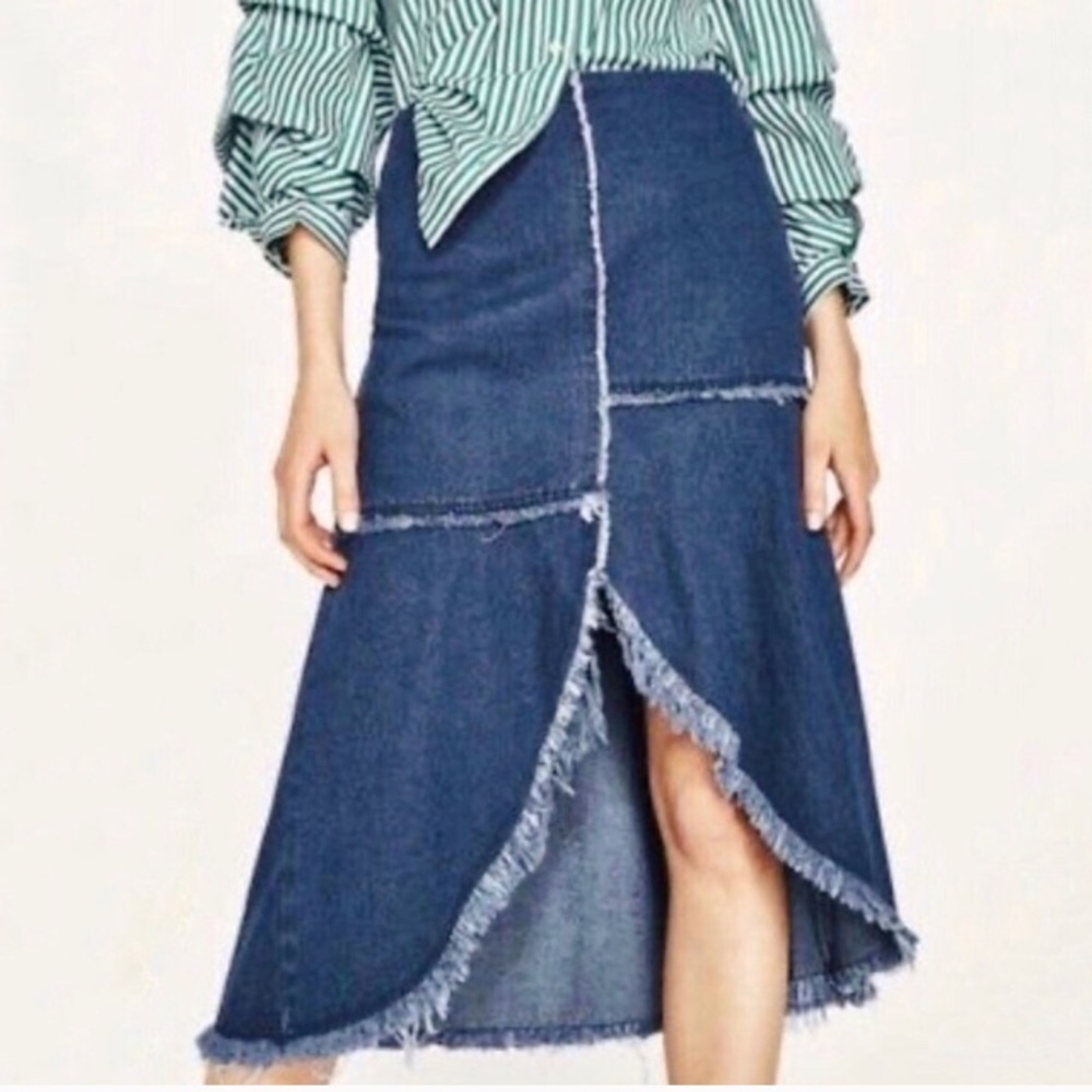 Zara patchwork high low denim skirt